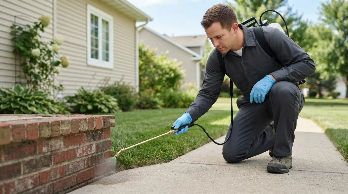 Pest control technician treating a home near Llano, CA